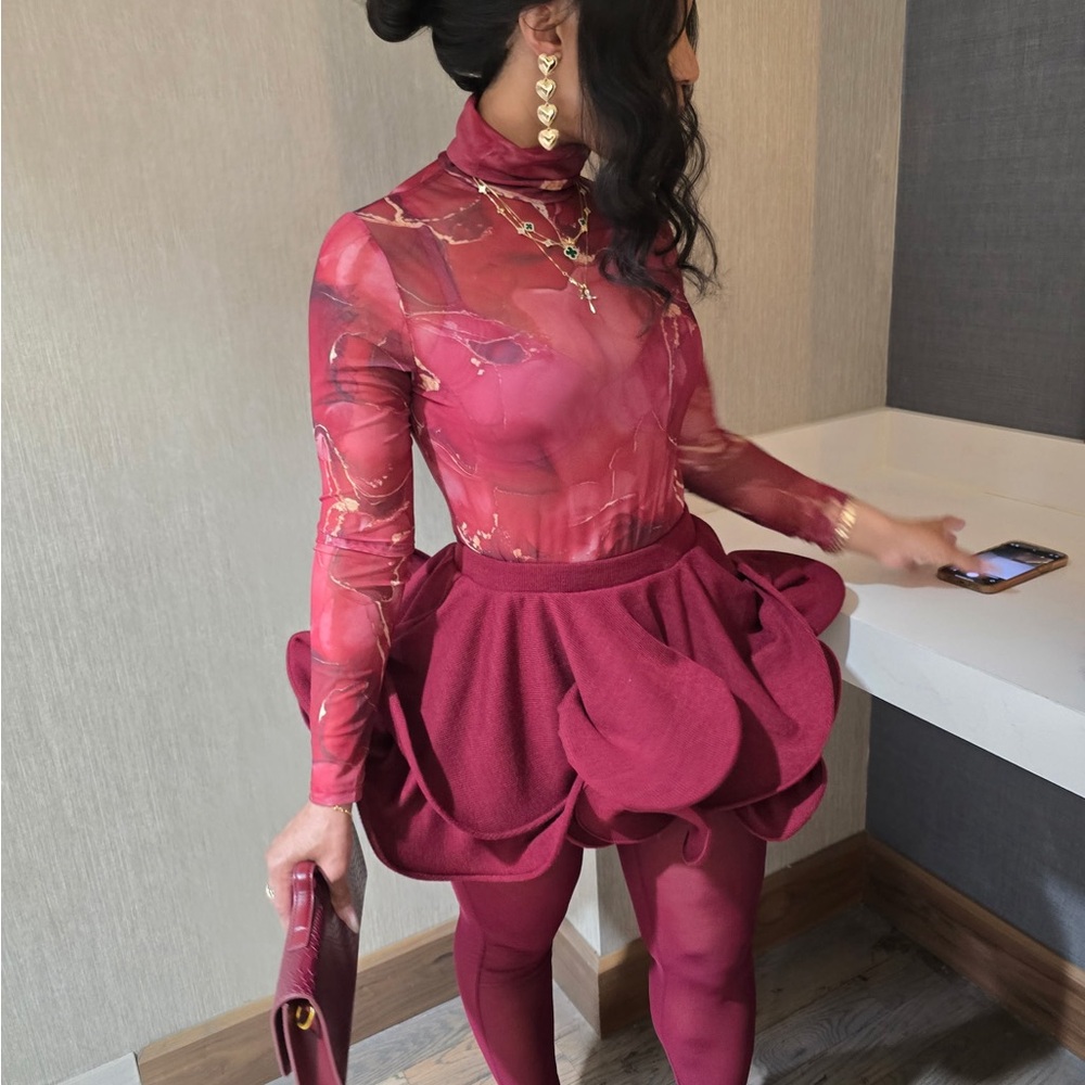 Burgundy Ruffle Skirt with Tan Patchwork Jacket